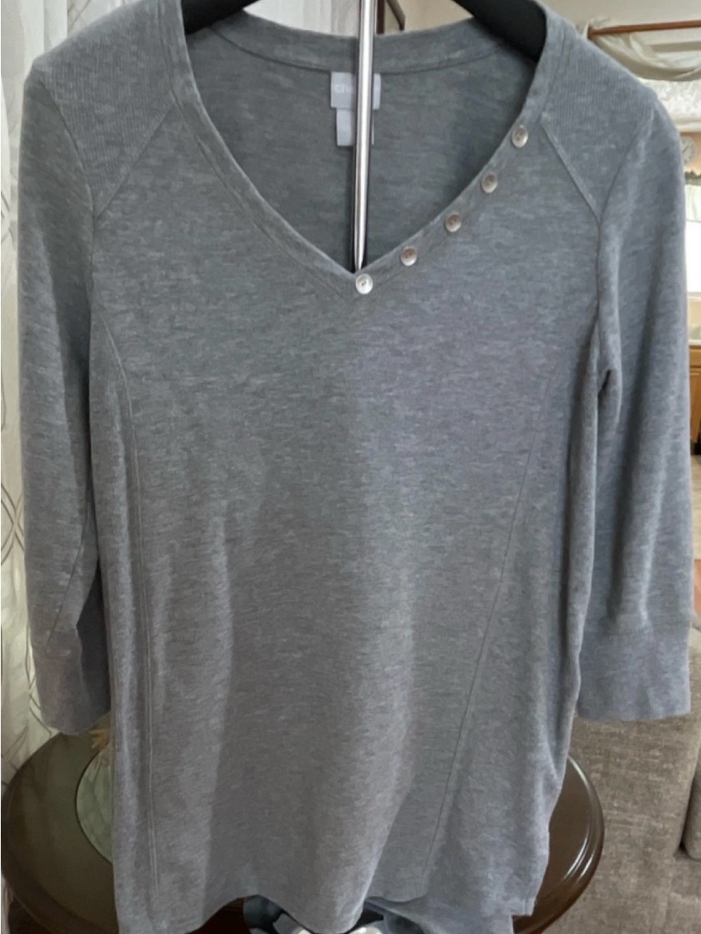Chico's Heather Gray V-Neck Long Sleeve Top with Button Detail